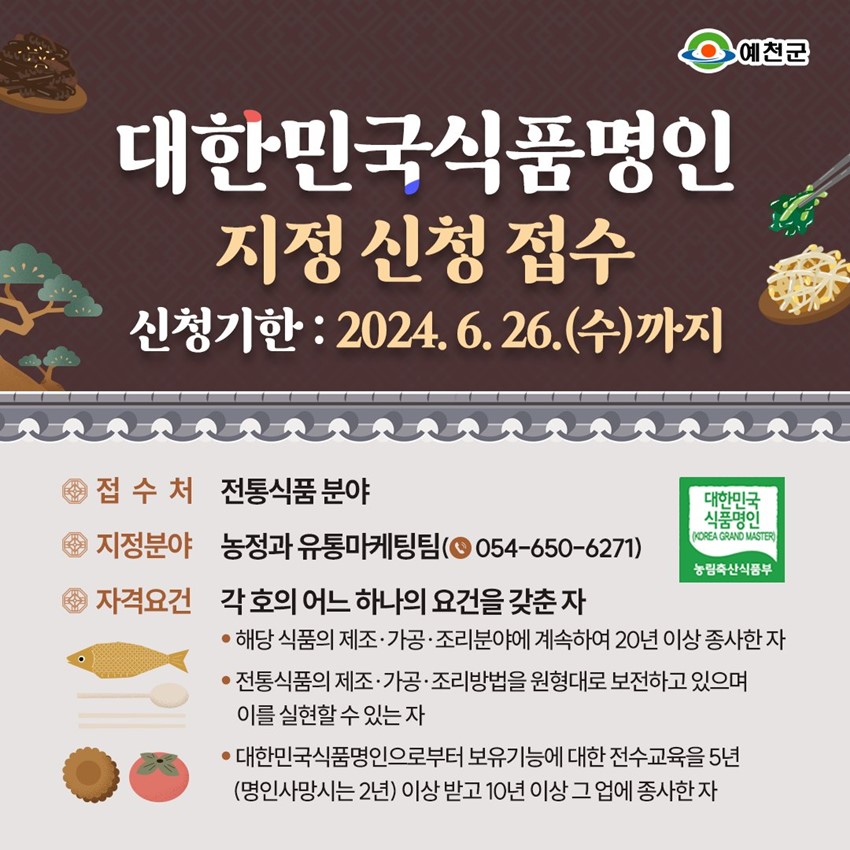 대한민국식품명인 지정 신청 접수 신청기한 : 2024. 6. 26.(수)까지 접수처 : 전통식품 분야 지정분야 : 농정과 유통마케팅팀(054-650-6271) 자격요건 : 각 호의 어느 하나의 요건을 갖춘 자 - 해당 식품의 제조·가공·조리분야에 계속하여 20년 이상 종사한 자 - 전통식품의 제조·가공·조리방법을 원형대로 보전하고 있으며 이를 실현할 수 있는 자 - 대한민국식품명인으로부터 보유기능에 대한 전수교육을 5년(명인사망시는 2년) 이상 받고 10년 이상 그 업에 종사한 자
